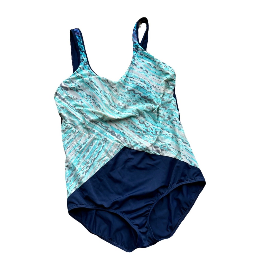 LANDS END one piece Womens Blue Swimming Suit sz 14 Bathing Suit Padded